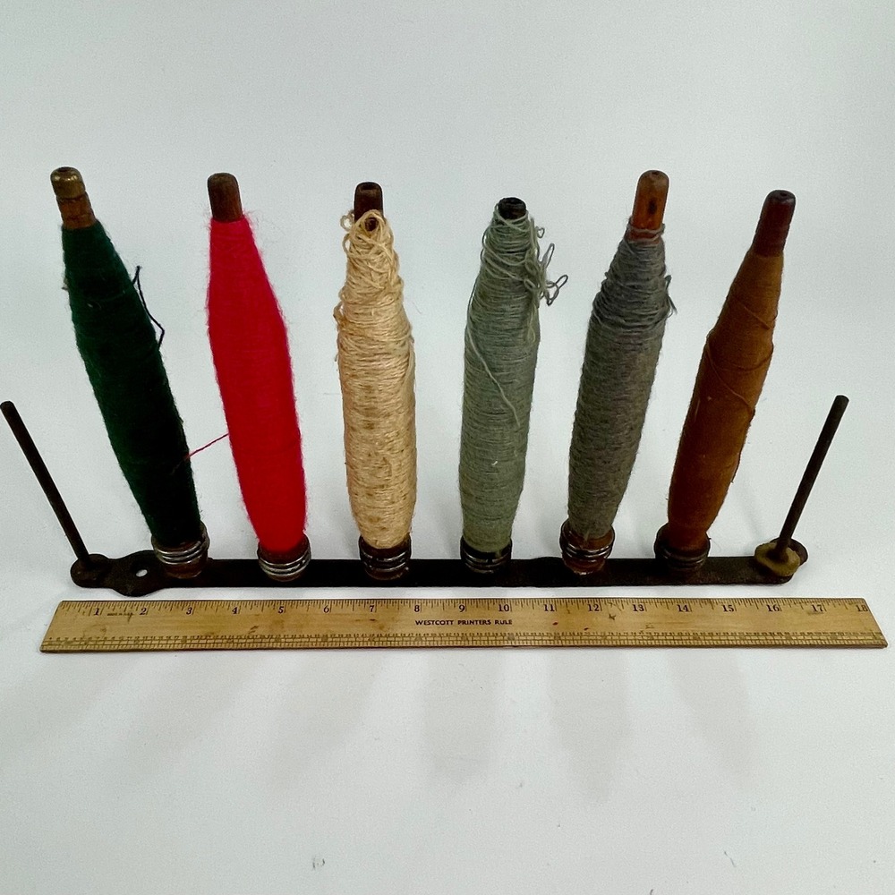 Antique Industrial Textile Mill Bobbin Spool Rack 6 Wooden Yarn Spools Iron Base